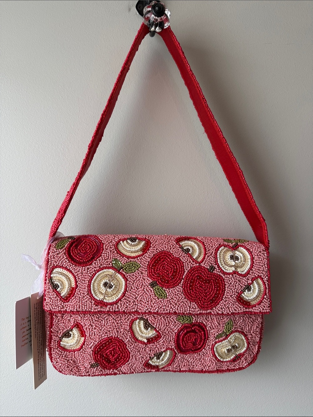 Red Beaded Apple Embellished Shoulder Bag